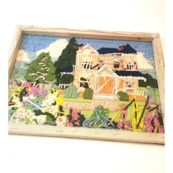 Embroidered Homestead Scenes Pair Crewel Wool Needlepoint Vintage - Picture 14 of 16